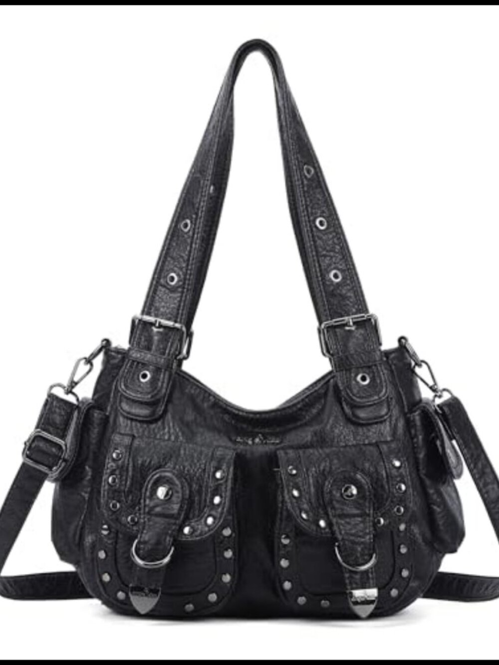 Vegan Leather Hobo Shoulder Bag Multi Pocket Studded Tote